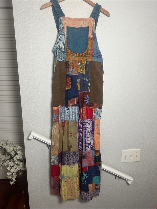 Pants - NEW Patchwork Jumpsuit Overalls Granola Girl Hippie Pockets Stretchy Straps Fall